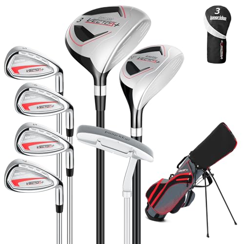 XDriveMax 8 Pieces Complete Unisex Golf Club Set Right/Left Hand for Men Women Includes Stand Bag with Rain Hood, 3# Fairway Wood with Head Covers, 5# Hybrid, 5#, 7#, 9# S# Irons and Putter