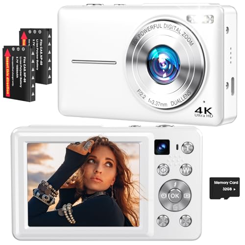 4K Digital Camera, 64MP Autofocus Vlogging Camera with Dual Lens, 16X Digital Zoom YouTube Compact Travel Point Shoot Camera for Teens Beginner, Anti-Shake,2 Batteries, 32GB Card (White)