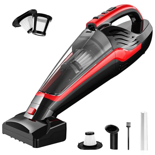 Powools Pet Hair Handheld Vacuum Cordless, Car Vacuum Rechargeable with Reusable Filters, Motorized Brush and Multi-Accessories for Carpet, Couch & Stairs, Red, 17.0